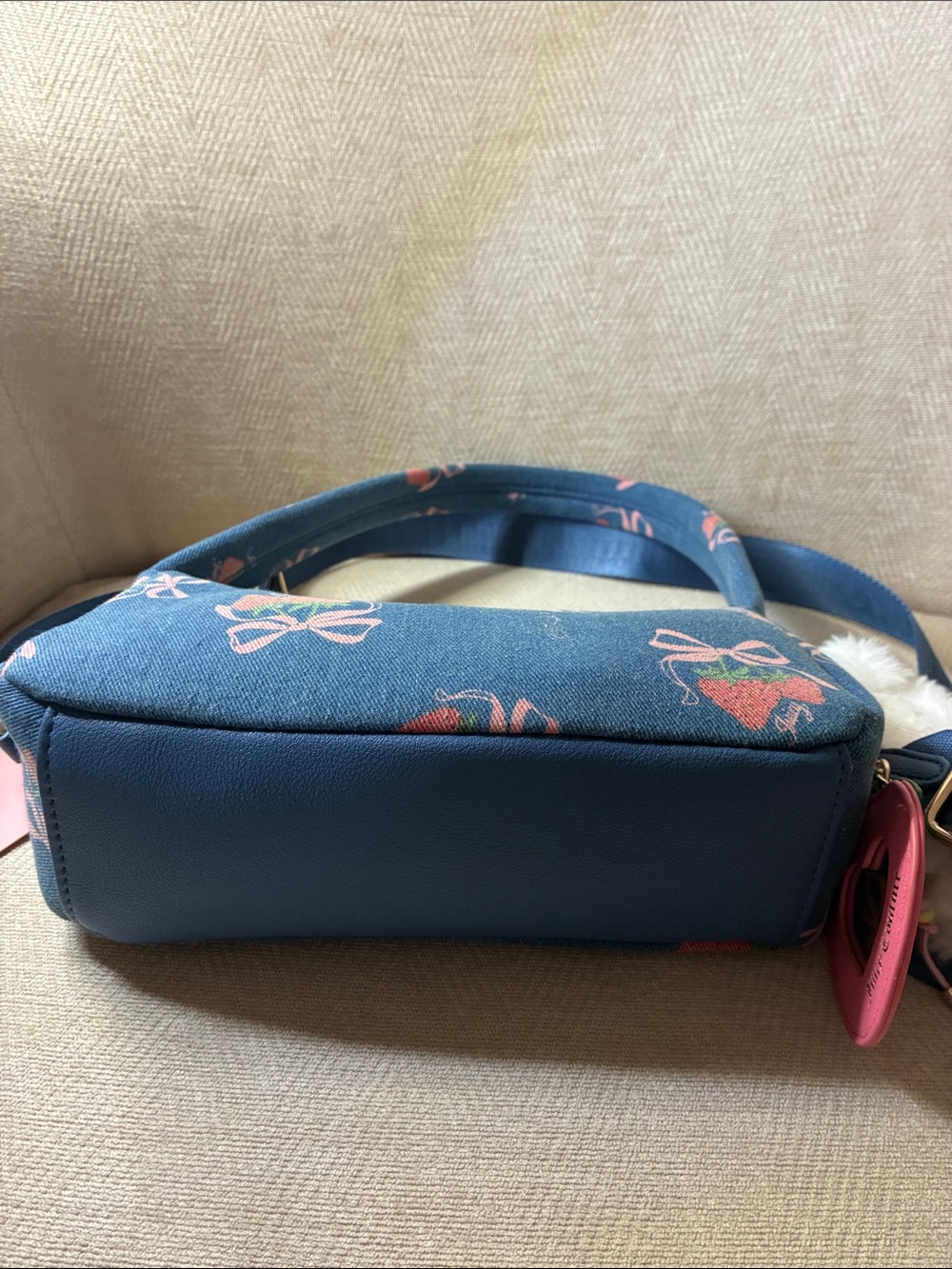 Juicy Couture Blue Denim Floral Bow Shoulder Bag with Strawberry Charm - Picture 8 of 12